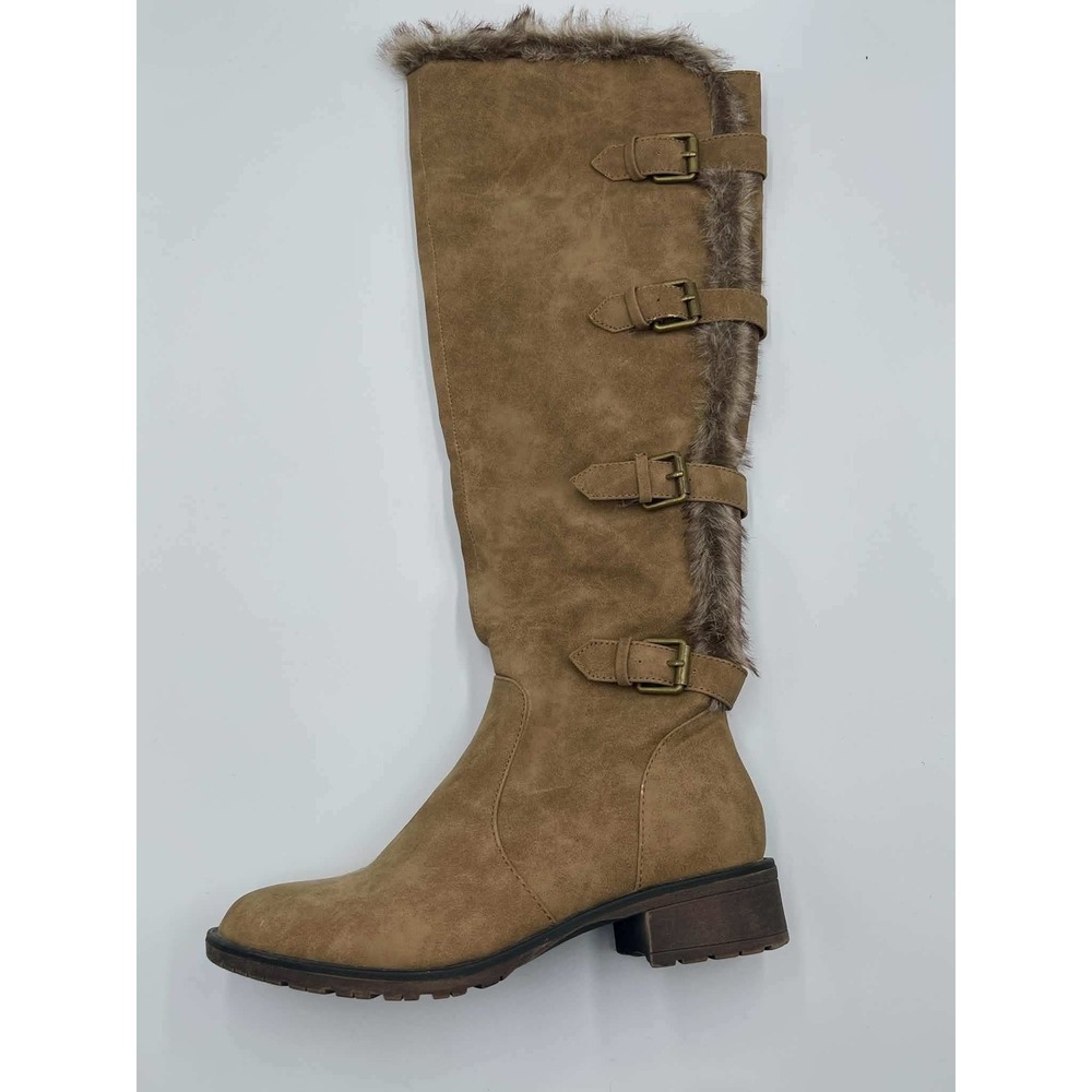 JustFab Jeremianne Tan Faux Suede Fur Trim Buckle Tall Boots Women 7.5 Lug Sole